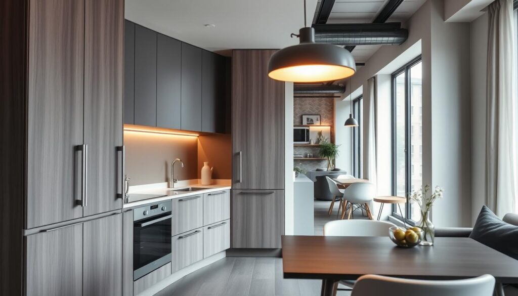 A contemporary, stylish compact kitchen with clean lines, subtle textures, and a harmonious balance of light and dark elements. The foreground features sleek, minimalist cabinetry in a muted, neutral palette, complemented by a statement pendant light casting a warm, inviting glow. The middle ground showcases a compact, efficient layout with a streamlined countertop and integrated appliances, while the background hints at a modern, open-concept living space with tall windows allowing natural light to flood the area. The overall atmosphere evokes a sense of sophisticated, urban elegance within a cozy, compact environment. A contemporary, stylish compact kitchen with clean lines, subtle textures, and a harmonious balance of light and dark elements. The foreground features sleek, minimalist cabinetry in a muted, neutral palette, complemented by a statement pendant light casting a warm, inviting glow. The middle ground showcases a compact, efficient layout with a streamlined countertop and integrated appliances, while the background hints at a modern, open-concept living space with tall windows allowing natural light to flood the area. The overall atmosphere evokes a sense of sophisticated, urban elegance within a cozy, compact environment.