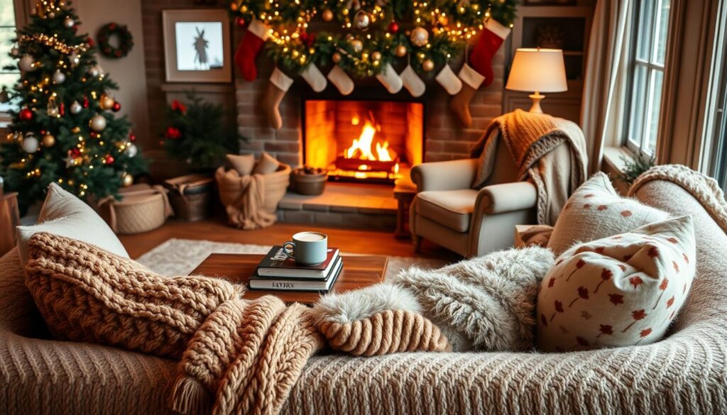 A cozy Christmas living room filled with plush, textured fabrics. In the foreground, a large, inviting sofa covered in a soft, woolly throw blanket and an array of fluffy, patterned pillows. Behind it, a rustic wooden coffee table topped with a stack of holiday-themed books and a mug of steaming hot cocoa. In the middle ground, a matching armchair draped with a knitted afghan, casting warm, ambient lighting. In the background, a roaring fireplace surrounded by stockings and garlands, creating a hygge atmosphere. The overall scene exudes a sense of comfort, coziness, and holiday cheer. A cozy Christmas living room filled with plush, textured fabrics. In the foreground, a large, inviting sofa covered in a soft, woolly throw blanket and an array of fluffy, patterned pillows. Behind it, a rustic wooden coffee table topped with a stack of holiday-themed books and a mug of steaming hot cocoa. In the middle ground, a matching armchair draped with a knitted afghan, casting warm, ambient lighting. In the background, a roaring fireplace surrounded by stockings and garlands, creating a hygge atmosphere. The overall scene exudes a sense of comfort, coziness, and holiday cheer.