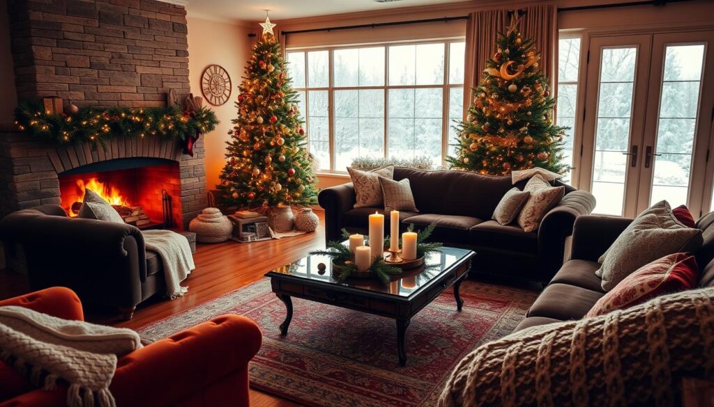 A cozy Christmas living room with a roaring fireplace, its warm glow illuminating plush velvet sofas adorned with soft throw pillows. In the corner, a tall, lush Christmas tree twinkles with delicate lights, its ornaments casting a festive reflection on the polished hardwood floors. Thick knit blankets and a vintage coffee table styled with pine branches, candles, and holiday trinkets create an inviting ambiance. Large windows flood the space with natural light, framing a snowy winter wonderland outside. Soft, directional lighting casts a gentle, golden hue, enhancing the room's intimate, hygge-inspired atmosphere. A cozy Christmas living room with a roaring fireplace, its warm glow illuminating plush velvet sofas adorned with soft throw pillows. In the corner, a tall, lush Christmas tree twinkles with delicate lights, its ornaments casting a festive reflection on the polished hardwood floors. Thick knit blankets and a vintage coffee table styled with pine branches, candles, and holiday trinkets create an inviting ambiance. Large windows flood the space with natural light, framing a snowy winter wonderland outside. Soft, directional lighting casts a gentle, golden hue, enhancing the room's intimate, hygge-inspired atmosphere.