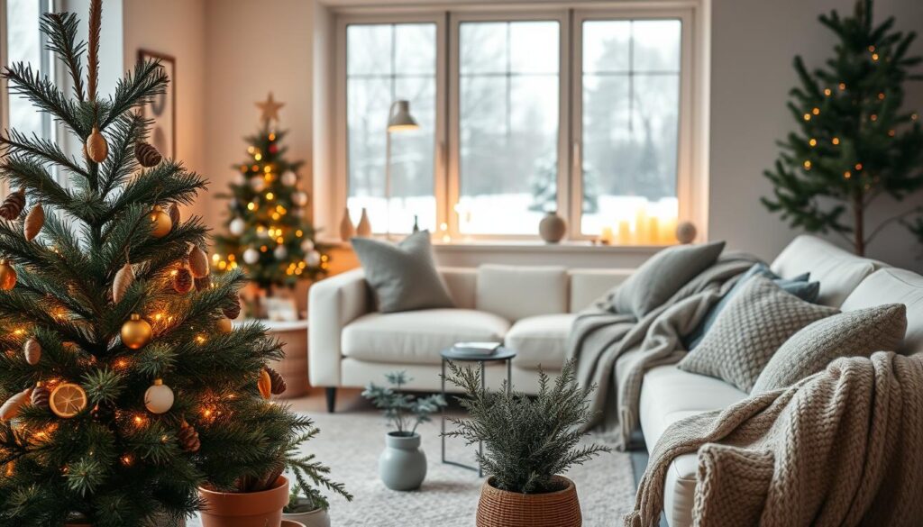 A cozy Scandinavian living room bathed in warm, soft lighting. In the foreground, a minimalist Christmas tree adorned with simple, natural ornaments like pinecones and dried citrus slices. Surrounding it, an array of potted plants, including a lush fern and a small, snow-dusted evergreen. In the middle ground, an elegant white sofa accented with knitted throws and pillows in muted tones of gray and beige. On the wall behind, a large window framing a snowy landscape outside, the soft glow of candlelight flickering in the distance. The atmosphere is serene, peaceful, and radiates a sense of hygge - the Danish concept of coziness and comfort. A cozy Scandinavian living room bathed in warm, soft lighting. In the foreground, a minimalist Christmas tree adorned with simple, natural ornaments like pinecones and dried citrus slices. Surrounding it, an array of potted plants, including a lush fern and a small, snow-dusted evergreen. In the middle ground, an elegant white sofa accented with knitted throws and pillows in muted tones of gray and beige. On the wall behind, a large window framing a snowy landscape outside, the soft glow of candlelight flickering in the distance. The atmosphere is serene, peaceful, and radiates a sense of hygge - the Danish concept of coziness and comfort.
