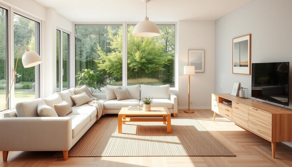 A cozy Scandinavian living room with a minimalist, functional design. The room features a plush, light-colored sectional sofa arranged in an L-shape, accented by a large, woven area rug in earthy tones. Sleek, blonde wood furniture, including a low coffee table and a media console, provide ample storage and display space. The room is bathed in natural light from large, floor-to-ceiling windows, which offer a serene view of a lush, verdant garden outside. Soft, diffused lighting from a modern, pendant lamp and table lamps creates a warm, inviting atmosphere. Scandinavian-inspired decor, such as a potted plant, a knitted throw, and a few abstract art prints, add subtle pops of color and texture to the space. A cozy Scandinavian living room with a minimalist, functional design. The room features a plush, light-colored sectional sofa arranged in an L-shape, accented by a large, woven area rug in earthy tones. Sleek, blonde wood furniture, including a low coffee table and a media console, provide ample storage and display space. The room is bathed in natural light from large, floor-to-ceiling windows, which offer a serene view of a lush, verdant garden outside. Soft, diffused lighting from a modern, pendant lamp and table lamps creates a warm, inviting atmosphere. Scandinavian-inspired decor, such as a potted plant, a knitted throw, and a few abstract art prints, add subtle pops of color and texture to the space.