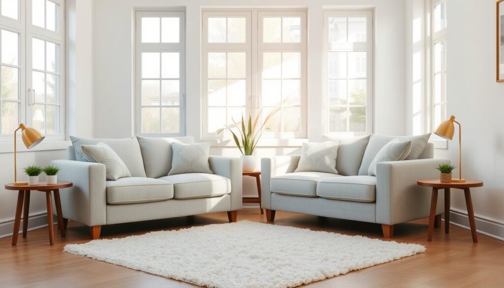 A cozy and airy living room with two light gray linen sofas placed against a bright white wall. The sofas have clean lines and plush cushions, creating a minimalist yet inviting aesthetic. Sunlight streams in through large windows, casting a warm glow on the space. A shaggy off-white rug and potted plants on wooden side tables add natural elements, while brass table lamps provide soft, ambient lighting. The overall scene exudes a sense of calm and relaxation, perfect for a small living area. A cozy and airy living room with two light gray linen sofas placed against a bright white wall. The sofas have clean lines and plush cushions, creating a minimalist yet inviting aesthetic. Sunlight streams in through large windows, casting a warm glow on the space. A shaggy off-white rug and potted plants on wooden side tables add natural elements, while brass table lamps provide soft, ambient lighting. The overall scene exudes a sense of calm and relaxation, perfect for a small living area.