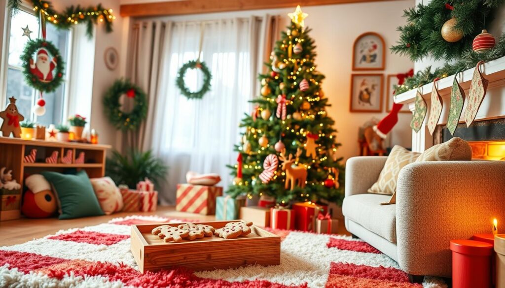 A cozy and cheerful Christmas living room, filled with kid-friendly decorations. In the foreground, a plush, colorful rug covers the floor, with festive throw pillows and a soft, inviting armchair. Hanging from the mantelpiece, a garland of evergreen leaves and twinkling fairy lights. On the coffee table, a wooden advent calendar and a plate of homemade gingerbread cookies. In the middle ground, a tall, lush Christmas tree adorned with whimsical ornaments, candy canes, and a glittering, child-safe topper. The walls are accented with framed illustrations of Santa and his reindeer. Soft, warm lighting fills the space, creating a welcoming, family-friendly atmosphere. A cozy and cheerful Christmas living room, filled with kid-friendly decorations. In the foreground, a plush, colorful rug covers the floor, with festive throw pillows and a soft, inviting armchair. Hanging from the mantelpiece, a garland of evergreen leaves and twinkling fairy lights. On the coffee table, a wooden advent calendar and a plate of homemade gingerbread cookies. In the middle ground, a tall, lush Christmas tree adorned with whimsical ornaments, candy canes, and a glittering, child-safe topper. The walls are accented with framed illustrations of Santa and his reindeer. Soft, warm lighting fills the space, creating a welcoming, family-friendly atmosphere.