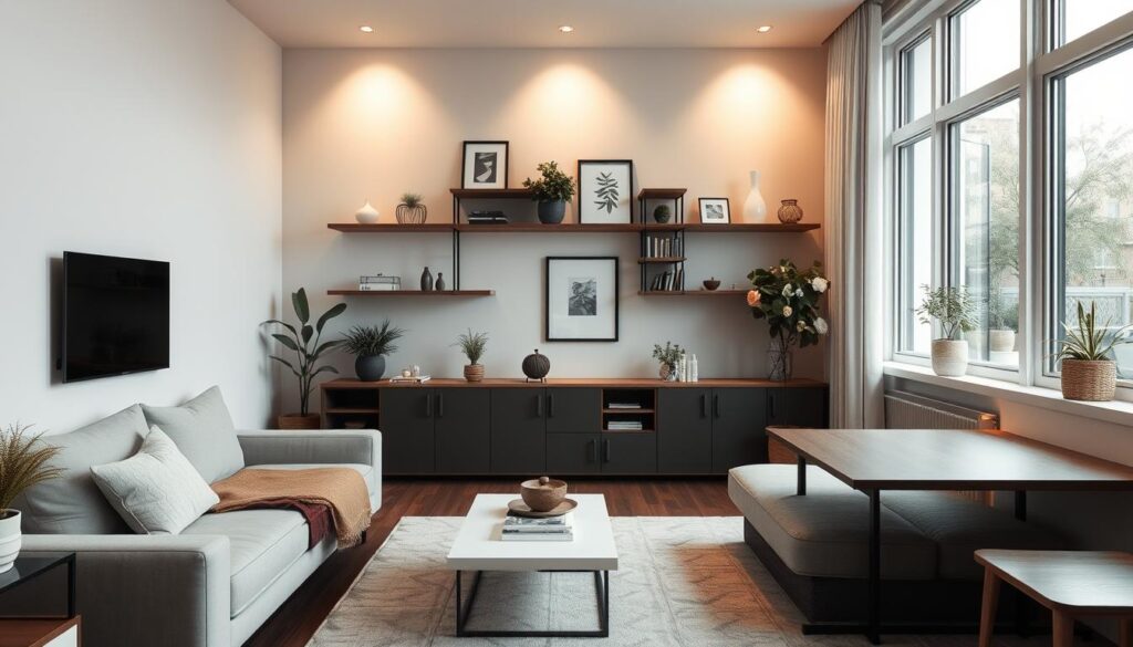 A cozy and clutter-free living room with space-saving furniture. A minimalist sofa with hidden storage compartments and a convertible coffee table that doubles as a dining surface. Sleek wall-mounted shelves display carefully curated decor, maximizing vertical space. Soft ambient lighting casts a warm glow, creating a tranquil atmosphere. Large windows allow natural light to flood the room, making it feel airy and expansive. Neutral tones and clean lines evoke a sense of serenity, while strategic placement of functional yet stylish pieces demonstrates clever storage solutions for a small-space living room.