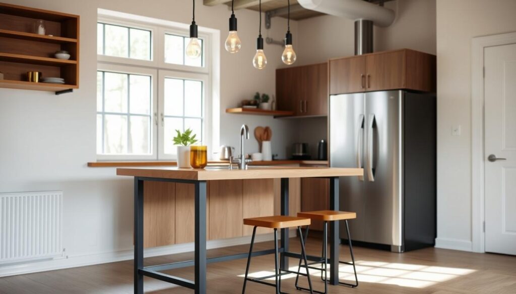 A cozy and compact kitchen island with a wooden countertop and metal frame, providing ample seating space for two. The island is positioned in a bright, airy kitchen with natural light filtering in through large windows. Subtle industrial-inspired accents, such as exposed light bulbs and a sleek, minimalist design, create a modern and inviting atmosphere. The island's multi-functional nature is emphasized by the presence of a small sink and a few cooking appliances, making it a central hub for meal preparation and casual dining. The overall scene conveys a sense of efficiency and thoughtful space optimization within a small kitchen setting. A cozy and compact kitchen island with a wooden countertop and metal frame, providing ample seating space for two. The island is positioned in a bright, airy kitchen with natural light filtering in through large windows. Subtle industrial-inspired accents, such as exposed light bulbs and a sleek, minimalist design, create a modern and inviting atmosphere. The island's multi-functional nature is emphasized by the presence of a small sink and a few cooking appliances, making it a central hub for meal preparation and casual dining. The overall scene conveys a sense of efficiency and thoughtful space optimization within a small kitchen setting.