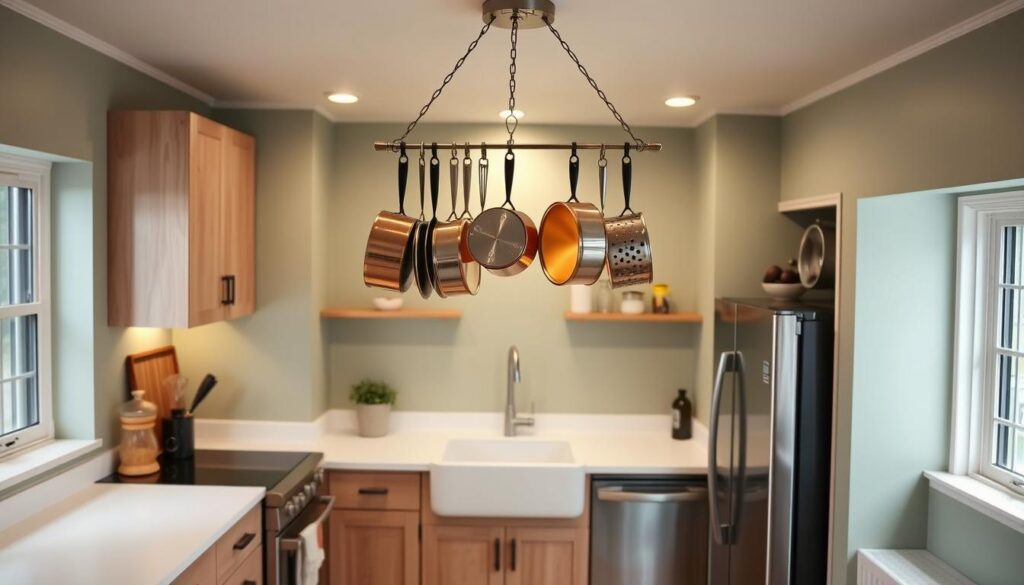 A cozy and efficient compact kitchen layout with a sleek hanging pot rack suspended from the ceiling, illuminated by warm overhead lighting. The kitchen countertops are a minimalist white quartz, complemented by light wood cabinetry. Stainless steel appliances and a farmhouse-style sink add subtle industrial touches. The hanging pot rack features an arrangement of copper and stainless steel cookware, casting a soft glow throughout the space. The walls are painted a soothing sage green, creating a serene and inviting atmosphere. The overall design maximizes the available space, showcasing how to utilize the ceiling to its fullest potential in a small kitchen.
