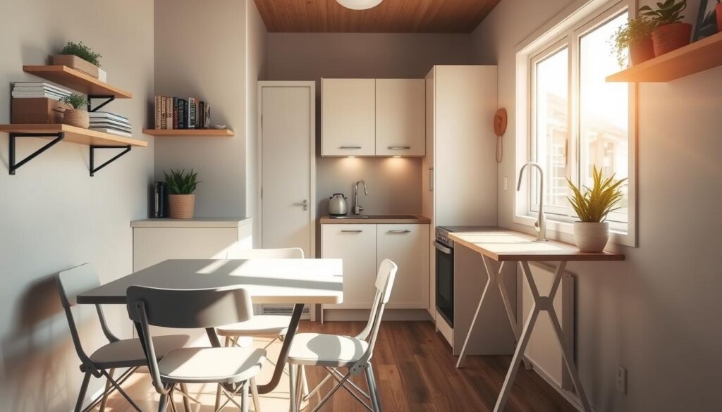 A cozy and efficient tiny kitchen, bathed in warm, natural light filtering through a large window. In the foreground, a compact, minimalist dining table with foldable legs and chairs that can be tucked away when not in use. On the walls, sleek, space-saving shelves display a curated collection of cookbooks and plants. The middle ground features a small, modern kitchenette with a streamlined, foldable kitchen island that can double as additional counter space or a casual dining area. In the background, a subtle, muted color palette creates a calming, inviting atmosphere, complemented by the soft glow of task lighting under the cabinets. The overall impression is one of thoughtful, space-saving design that maximizes functionality in a limited footprint.