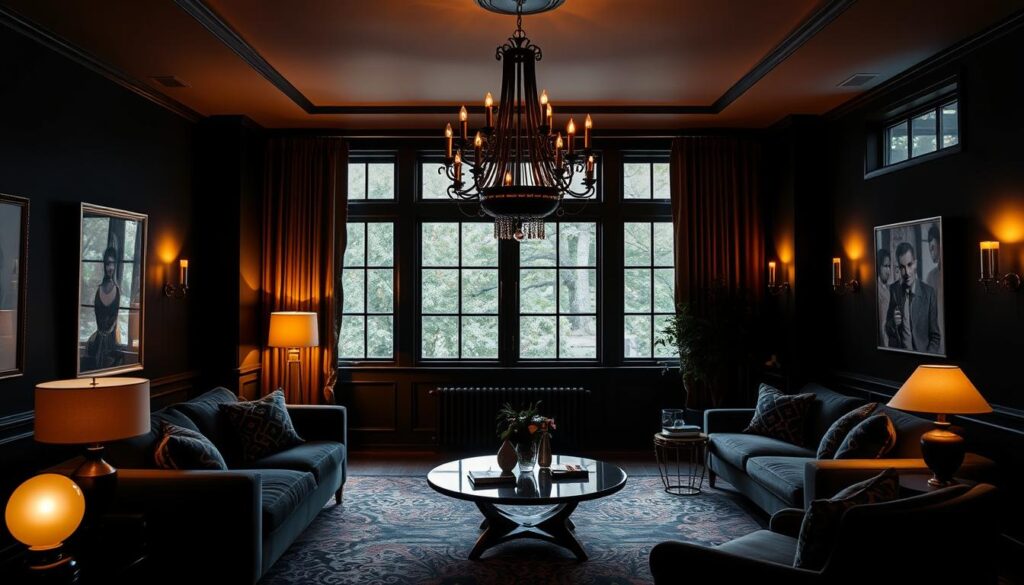 A cozy and elegant black living room illuminated by warm, ambient lighting. The space features a mix of modern and vintage decor elements, with a plush velvet sofa, a mid-century style coffee table, and a striking black and gold chandelier casting a soft, inviting glow. Strategically placed floor lamps and wall sconces create pockets of light, while large windows allow natural light to filter in, creating a harmonious balance. The overall mood is sophisticated, intimate, and perfectly suited for relaxation and entertaining.