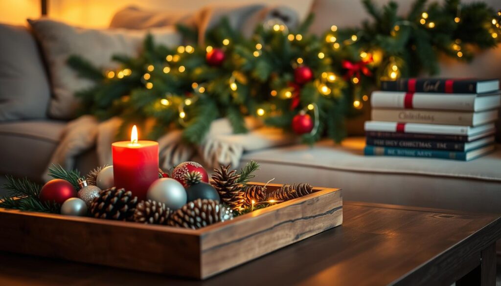 A cozy and festive coffee table decor, bathed in warm holiday lighting. In the foreground, a rustic wooden tray holds an assortment of ornaments, pinecones, and a single red candle flickering softly. In the middle ground, a lush evergreen garland cascades over the table's edge, intertwined with twinkling fairy lights. In the background, a plush throw and a stack of holiday-themed books add to the inviting ambiance. The scene is captured with a shallow depth of field, creating a dreamy, intimate atmosphere that captures the essence of holiday living room styling. A cozy and festive coffee table decor, bathed in warm holiday lighting. In the foreground, a rustic wooden tray holds an assortment of ornaments, pinecones, and a single red candle flickering softly. In the middle ground, a lush evergreen garland cascades over the table's edge, intertwined with twinkling fairy lights. In the background, a plush throw and a stack of holiday-themed books add to the inviting ambiance. The scene is captured with a shallow depth of field, creating a dreamy, intimate atmosphere that captures the essence of holiday living room styling.