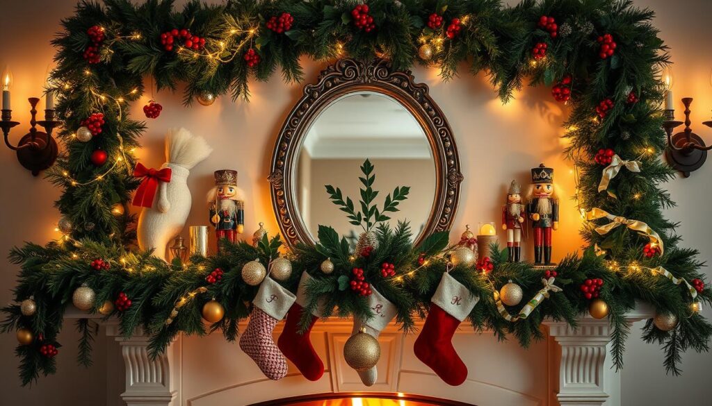 A cozy and festive fireplace mantel adorned with lush garlands of evergreen, sprigs of holly, and clusters of crimson berries. Twinkling string lights wind through the foliage, casting a warm, golden glow. In the center, a large, ornate mirror reflects the flickering flames of the fireplace below, surrounded by an arrangement of handcrafted stockings, glistening ornaments, and a sprig of mistletoe. The mantel is flanked by a pair of traditional Christmas nutcrackers, standing guard over the holiday scene. Soft, diffused lighting from sconces on the wall accentuates the textures and colors, creating a inviting, winter wonderland atmosphere. A cozy and festive fireplace mantel adorned with lush garlands of evergreen, sprigs of holly, and clusters of crimson berries. Twinkling string lights wind through the foliage, casting a warm, golden glow. In the center, a large, ornate mirror reflects the flickering flames of the fireplace below, surrounded by an arrangement of handcrafted stockings, glistening ornaments, and a sprig of mistletoe. The mantel is flanked by a pair of traditional Christmas nutcrackers, standing guard over the holiday scene. Soft, diffused lighting from sconces on the wall accentuates the textures and colors, creating a inviting, winter wonderland atmosphere.