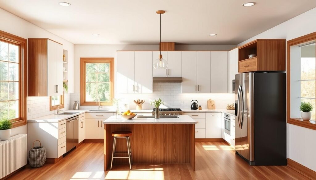 A cozy and functional U-shaped kitchen design with sleek white cabinets and warm wooden accents. The room is flooded with natural light from large windows, casting a soft glow over the neutral color palette. Stainless steel appliances and a central island with a quartz countertop provide ample prep and storage space. The layout creates a seamless workflow, with the sink, stove, and refrigerator forming a classic work triangle. Pendant lights above the island and under-cabinet lighting add a touch of modern elegance. The overall atmosphere is inviting and conducive to both efficient meal preparation and casual gatherings. A cozy and functional U-shaped kitchen design with sleek white cabinets and warm wooden accents. The room is flooded with natural light from large windows, casting a soft glow over the neutral color palette. Stainless steel appliances and a central island with a quartz countertop provide ample prep and storage space. The layout creates a seamless workflow, with the sink, stove, and refrigerator forming a classic work triangle. Pendant lights above the island and under-cabinet lighting add a touch of modern elegance. The overall atmosphere is inviting and conducive to both efficient meal preparation and casual gatherings.