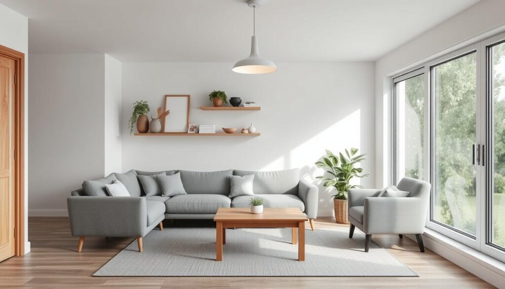 A cozy and functional compact living room layout with a minimalist, Scandinavian-inspired design. In the foreground, a low-profile sofa and armchair are arranged around a simple wooden coffee table, creating an intimate seating arrangement. In the middle ground, a wall-mounted shelving unit displays decorative accents and greenery, adding warmth and texture. The background features a large window, allowing natural light to flood the space and create a bright, airy atmosphere. The room is illuminated by a sleek, modern pendant light, casting a soft, ambient glow. The overall palette is muted, with shades of gray, white, and natural wood tones, emphasizing the room's sense of tranquility and balance.
