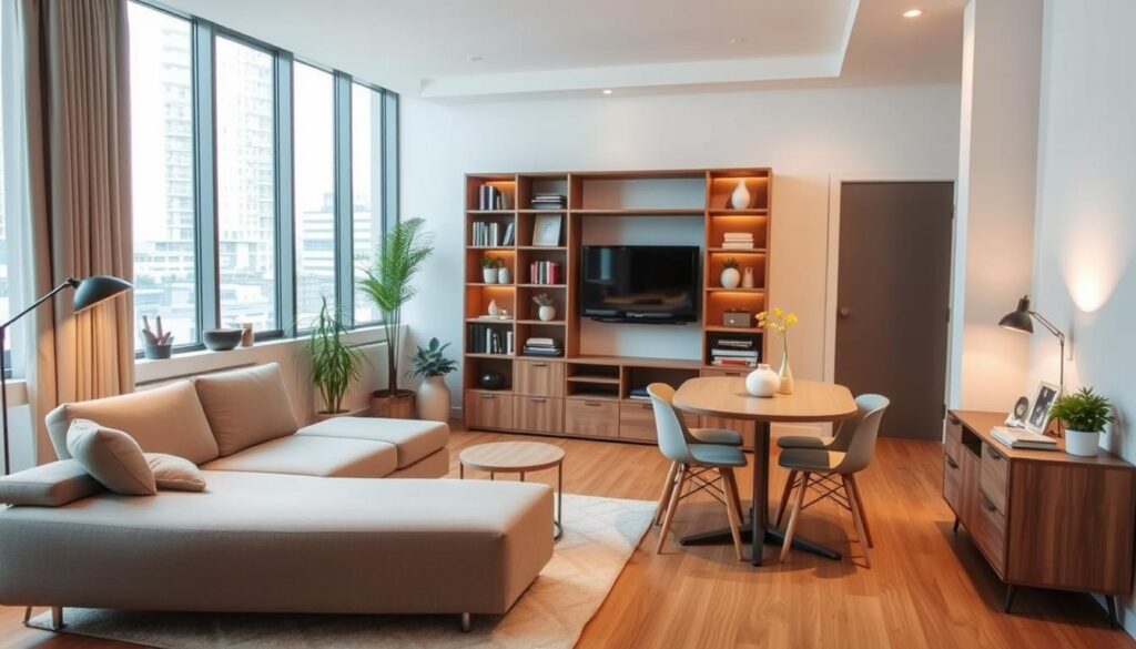 A cozy and functional living room with a versatile multi-purpose furniture arrangement. In the foreground, a sleek and compact L-shaped sofa seamlessly transitions into a dining table, accommodating both lounging and dining. On the middle ground, a modular bookshelf-cum-TV stand with integrated storage cubbies maximizes the use of limited space. The background features large windows, allowing natural light to flood the room and create a bright, airy atmosphere. Minimalist decor, warm lighting, and a neutral color palette enhance the sense of tranquility and practicality. The overall scene conveys a harmonious fusion of living and dining in a small, well-designed urban apartment. A cozy and functional living room with a versatile multi-purpose furniture arrangement. In the foreground, a sleek and compact L-shaped sofa seamlessly transitions into a dining table, accommodating both lounging and dining. On the middle ground, a modular bookshelf-cum-TV stand with integrated storage cubbies maximizes the use of limited space. The background features large windows, allowing natural light to flood the room and create a bright, airy atmosphere. Minimalist decor, warm lighting, and a neutral color palette enhance the sense of tranquility and practicality. The overall scene conveys a harmonious fusion of living and dining in a small, well-designed urban apartment.