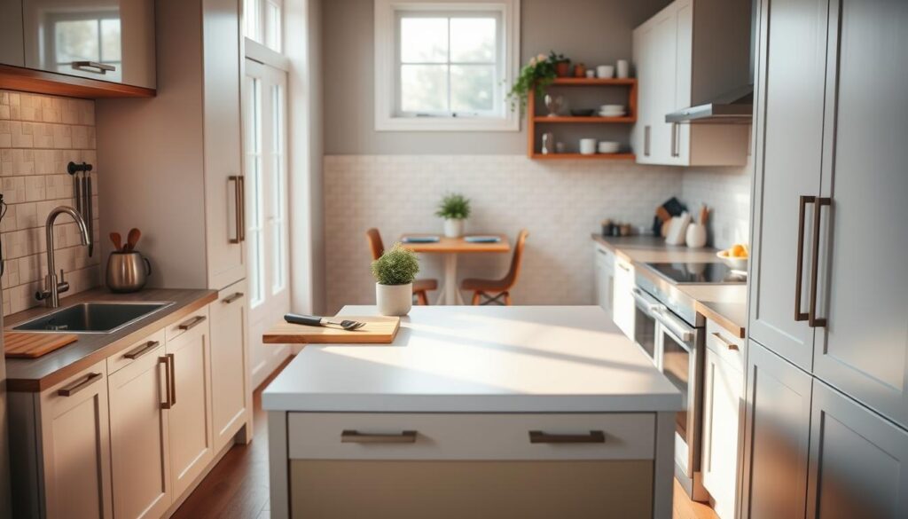 A cozy and functional small kitchen, bathed in warm lighting from a large window. In the foreground, a versatile island counter with built-in shelves and drawers, providing ample storage and prep space. Sleek, minimalist cabinets line the walls, complemented by a neutral color palette and natural wood accents. On the island, a cutting board, utensils, and a potted herb plant create a practical yet visually appealing arrangement. In the middle ground, a compact dining table with two chairs, enabling multi-purpose use of the space. The background features a backsplash of subway tiles, adding texture and visual interest to the room. A cozy and functional small kitchen, bathed in warm lighting from a large window. In the foreground, a versatile island counter with built-in shelves and drawers, providing ample storage and prep space. Sleek, minimalist cabinets line the walls, complemented by a neutral color palette and natural wood accents. On the island, a cutting board, utensils, and a potted herb plant create a practical yet visually appealing arrangement. In the middle ground, a compact dining table with two chairs, enabling multi-purpose use of the space. The background features a backsplash of subway tiles, adding texture and visual interest to the room.