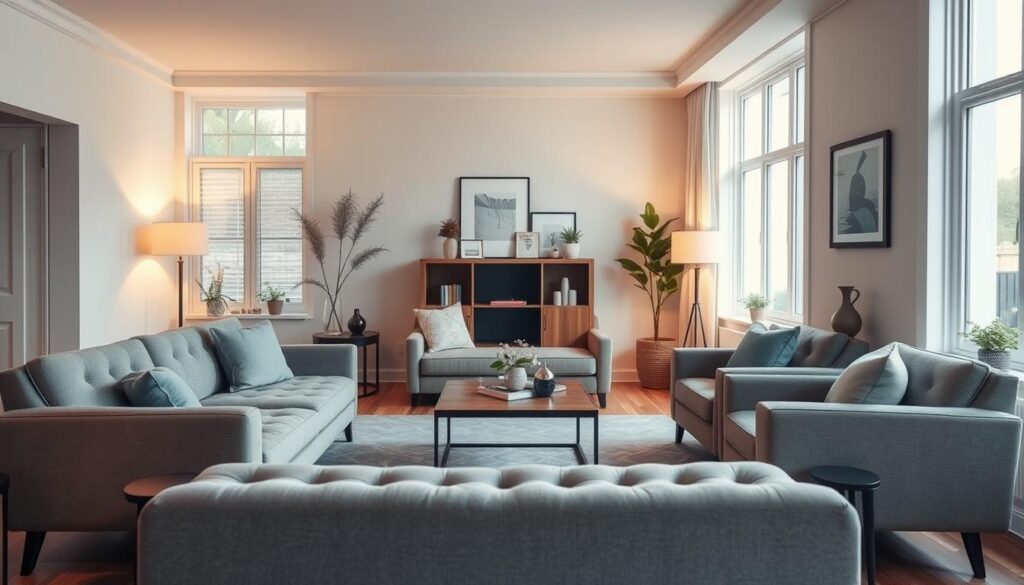 A cozy and functional small living room arrangement. In the foreground, a plush, tufted sofa and a pair of armchairs in a muted color palette, arranged in a conversational layout. Strategically placed end tables and a low, minimalist coffee table complete the seating area. The middle ground features a bookshelf or cabinet, tastefully decorated with plants, artwork, and personal trinkets. Warm, diffused lighting casts a soft glow throughout the space, creating an inviting and intimate atmosphere. The background reveals large windows, allowing natural light to flood the room and provide a sense of openness and airiness. The overall aesthetic is clean, balanced, and tailored to maximize the limited square footage, showcasing how to achieve a stylish and practical small living room design. A cozy and functional small living room arrangement. In the foreground, a plush, tufted sofa and a pair of armchairs in a muted color palette, arranged in a conversational layout. Strategically placed end tables and a low, minimalist coffee table complete the seating area. The middle ground features a bookshelf or cabinet, tastefully decorated with plants, artwork, and personal trinkets. Warm, diffused lighting casts a soft glow throughout the space, creating an inviting and intimate atmosphere. The background reveals large windows, allowing natural light to flood the room and provide a sense of openness and airiness. The overall aesthetic is clean, balanced, and tailored to maximize the limited square footage, showcasing how to achieve a stylish and practical small living room design.