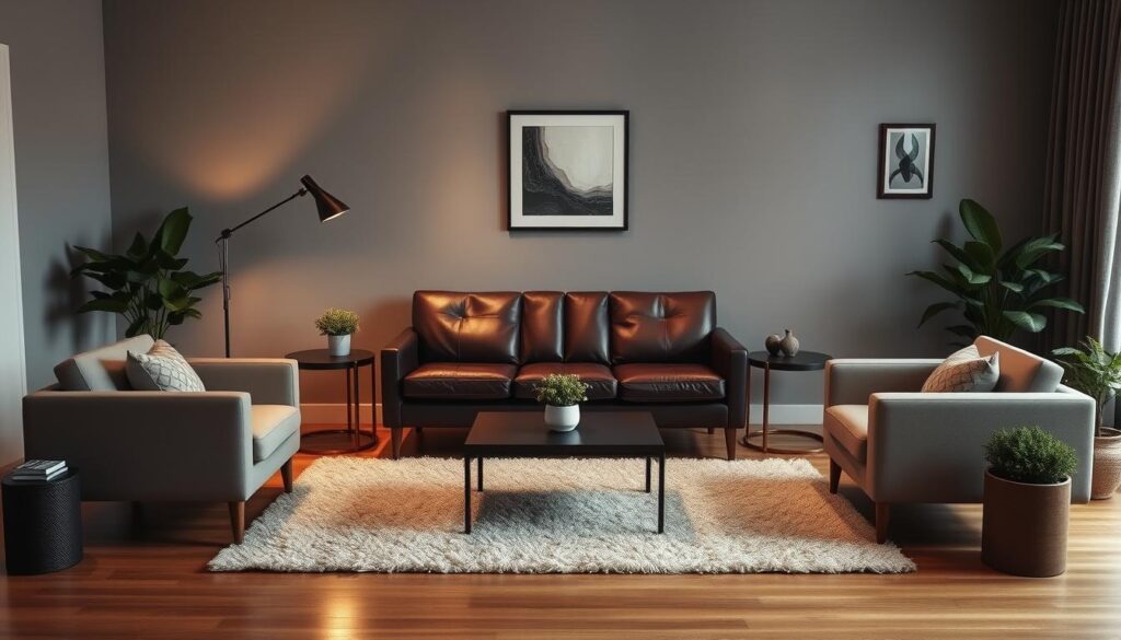 A cozy and intimate living room with a statement sofa as the focal point. A mid-century modern leather sofa in a deep burgundy hue sits prominently in the center, accentuated by warm lighting from a floor lamp and a pair of sleek end tables. Complementary armchairs in neutral tones flank the sofa, creating a balanced seating arrangement. Minimalist wall decor, including a framed abstract artwork, adds visual interest. The hardwood floors are covered by a plush, textured area rug, and potted plants bring a touch of nature to the space. The overall mood is one of refined elegance and comfortable sophistication. A cozy and intimate living room with a statement sofa as the focal point. A mid-century modern leather sofa in a deep burgundy hue sits prominently in the center, accentuated by warm lighting from a floor lamp and a pair of sleek end tables. Complementary armchairs in neutral tones flank the sofa, creating a balanced seating arrangement. Minimalist wall decor, including a framed abstract artwork, adds visual interest. The hardwood floors are covered by a plush, textured area rug, and potted plants bring a touch of nature to the space. The overall mood is one of refined elegance and comfortable sophistication.