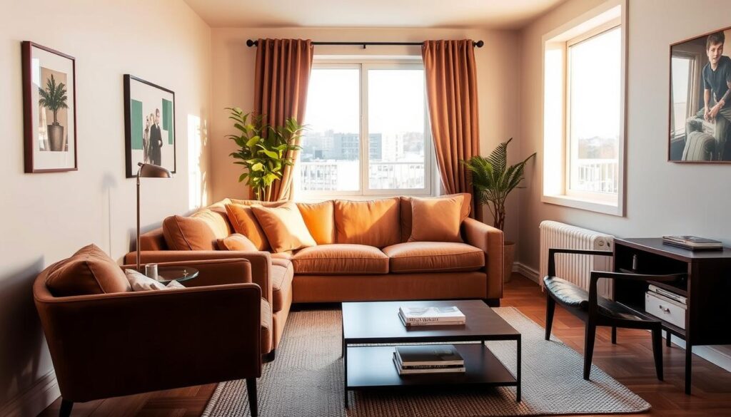 A cozy and intimate small living room, bathed in warm, natural lighting from a large window. Featuring a plush, modular sofa in a muted earth-toned fabric, complemented by a pair of low-profile, minimalist armchairs. A sleek, compact coffee table in dark wood anchors the space, with simple yet elegant décor like a potted plant and a stack of books. The room exudes a sense of comfort and practicality, perfect for relaxation in limited square footage. A cozy and intimate small living room, bathed in warm, natural lighting from a large window. Featuring a plush, modular sofa in a muted earth-toned fabric, complemented by a pair of low-profile, minimalist armchairs. A sleek, compact coffee table in dark wood anchors the space, with simple yet elegant décor like a potted plant and a stack of books. The room exudes a sense of comfort and practicality, perfect for relaxation in limited square footage.