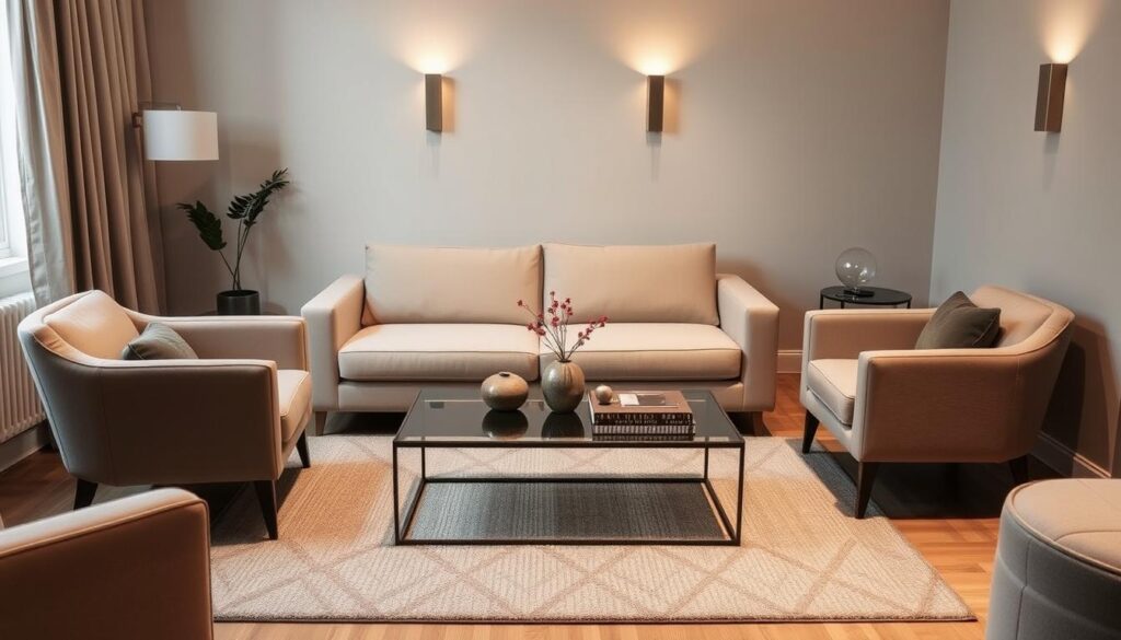 A cozy and intimate small living room with stylish, compact furniture. In the foreground, a minimalist sofa with clean lines and soft, neutral upholstery. Flanking it, a pair of comfortable armchairs in a complementary color palette. On the coffee table, a low-profile glass-topped design accented by a few carefully curated decor pieces. The middle ground features a plush area rug in a muted geometric pattern, grounding the space. The background showcases warm, diffused lighting, perhaps from a pair of sleek wall sconces, creating a soft, inviting ambiance. The overall atmosphere is one of refined simplicity, where every element is purposefully chosen to maximize the functionality and visual appeal of this compact yet welcoming living room. A cozy and intimate small living room with stylish, compact furniture. In the foreground, a minimalist sofa with clean lines and soft, neutral upholstery. Flanking it, a pair of comfortable armchairs in a complementary color palette. On the coffee table, a low-profile glass-topped design accented by a few carefully curated decor pieces. The middle ground features a plush area rug in a muted geometric pattern, grounding the space. The background showcases warm, diffused lighting, perhaps from a pair of sleek wall sconces, creating a soft, inviting ambiance. The overall atmosphere is one of refined simplicity, where every element is purposefully chosen to maximize the functionality and visual appeal of this compact yet welcoming living room.