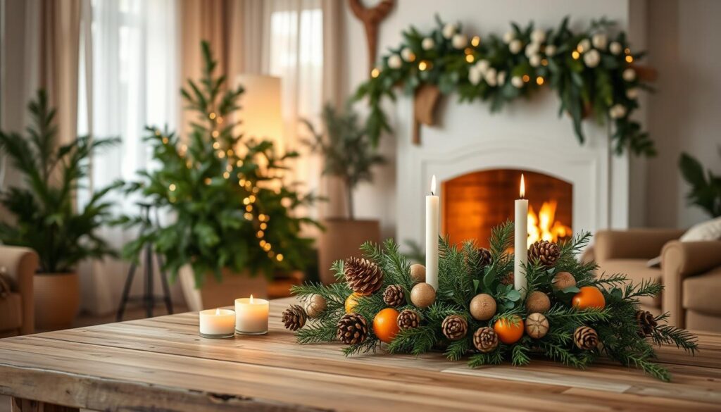 A cozy and inviting Christmas living room scene with natural, sustainable elements. In the foreground, a rustic wooden table is adorned with a centerpiece of pinecones, dried oranges, and sprigs of fresh greenery. Candles flicker softly, casting a warm glow. In the middle ground, a large, lush potted plant adds texture and life to the space. Behind it, a crackling fireplace with a mantel decorated with a garland of eucalyptus, rosemary, and delicate white flowers. Ambient lighting filters through sheer curtains, creating a serene, nature-inspired atmosphere. The overall mood is one of simplicity, coziness, and environmental consciousness. A cozy and inviting Christmas living room scene with natural, sustainable elements. In the foreground, a rustic wooden table is adorned with a centerpiece of pinecones, dried oranges, and sprigs of fresh greenery. Candles flicker softly, casting a warm glow. In the middle ground, a large, lush potted plant adds texture and life to the space. Behind it, a crackling fireplace with a mantel decorated with a garland of eucalyptus, rosemary, and delicate white flowers. Ambient lighting filters through sheer curtains, creating a serene, nature-inspired atmosphere. The overall mood is one of simplicity, coziness, and environmental consciousness.