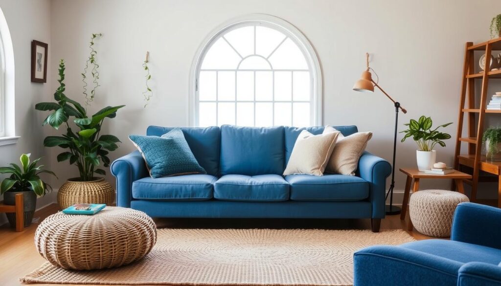 A cozy and inviting blue couch sits prominently in the center of a well-appointed living room. Plush throw pillows in complementary hues add texture and depth, while a soft, woven rug grounds the space. Trailing plants and natural wood accents create a warm, earthy ambiance, while a large, arched window floods the room with soft, diffused light. The overall atmosphere is one of relaxation and sophistication, perfectly capturing the essence of the "9. Adding Texture with Blue Couch Accessories" section. A cozy and inviting blue couch sits prominently in the center of a well-appointed living room. Plush throw pillows in complementary hues add texture and depth, while a soft, woven rug grounds the space. Trailing plants and natural wood accents create a warm, earthy ambiance, while a large, arched window floods the room with soft, diffused light. The overall atmosphere is one of relaxation and sophistication, perfectly capturing the essence of the "9. Adding Texture with Blue Couch Accessories" section.