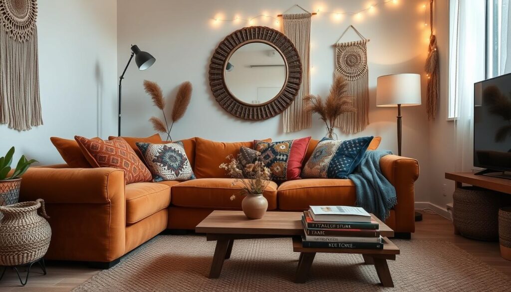 A cozy and inviting bohemian-inspired living room in a small space. In the foreground, a plush, overstuffed sofa in a rich, earthy tone is adorned with an array of patterned throw pillows in shades of terracotta, mustard, and indigo. A woven area rug in a complementary palette grounds the seating arrangement. In the middle ground, a low, wooden coffee table is topped with a vase of dried flowers and a stack of vintage-inspired books. The walls are painted in a soft, neutral tone, accented by a large, ornate mirror and a collection of macrame wall hangings. Soft, diffused lighting from a floor lamp and a string of twinkling fairy lights create a warm, intimate atmosphere. A cozy and inviting bohemian-inspired living room in a small space. In the foreground, a plush, overstuffed sofa in a rich, earthy tone is adorned with an array of patterned throw pillows in shades of terracotta, mustard, and indigo. A woven area rug in a complementary palette grounds the seating arrangement. In the middle ground, a low, wooden coffee table is topped with a vase of dried flowers and a stack of vintage-inspired books. The walls are painted in a soft, neutral tone, accented by a large, ornate mirror and a collection of macrame wall hangings. Soft, diffused lighting from a floor lamp and a string of twinkling fairy lights create a warm, intimate atmosphere.