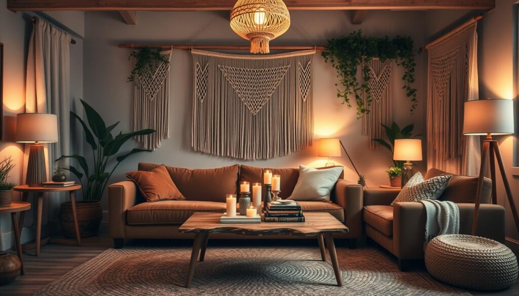 A cozy and inviting bohemian living room with a mix of natural textures and soft lighting. In the foreground, a plush velvet sofa in a deep earthy tone sits atop a woven area rug. Hanging from the ceiling, a macrame light fixture casts a warm, ambient glow across the space. In the middle ground, a rustic wooden coffee table is topped with decorative candles and a stack of vintage books. The background features a wall adorned with macrame wall hangings and trailing plants, creating a relaxed, nature-inspired atmosphere. Soft, diffused lighting from table lamps and floor lamps adds to the intimate, moody ambiance of the room.