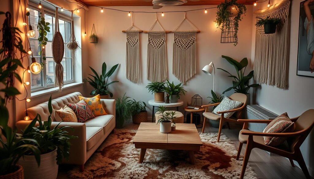 A cozy and inviting bohemian-style living room with a small footprint, bathed in the warm glow of delicate string lights. The space features a plush, tufted sofa adorned with vibrant throw pillows and a fluffy area rug in earthy tones. Lush, trailing plants and macrame wall hangings add organic texture, while a low wooden coffee table and mid-century modern side chairs complete the eclectic, lived-in aesthetic. Soft, diffused lighting from the string lights above creates a intimate, relaxing ambiance, perfect for curling up with a good book or hosting friends. A cozy and inviting bohemian-style living room with a small footprint, bathed in the warm glow of delicate string lights. The space features a plush, tufted sofa adorned with vibrant throw pillows and a fluffy area rug in earthy tones. Lush, trailing plants and macrame wall hangings add organic texture, while a low wooden coffee table and mid-century modern side chairs complete the eclectic, lived-in aesthetic. Soft, diffused lighting from the string lights above creates a intimate, relaxing ambiance, perfect for curling up with a good book or hosting friends.