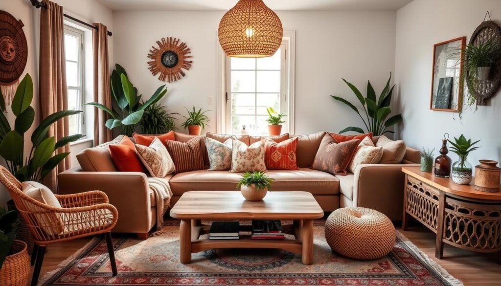 A cozy and inviting boho-inspired small living room showcases a comfortable L-shaped sofa with plush velvet upholstery, adorned with an array of colorful throw pillows. A rattan accent chair and a woven pouf provide additional seating. The space is illuminated by a hanging rattan pendant light, casting a warm, ambient glow. A natural wood coffee table and end tables with intricate carved details anchor the room. Lush potted plants and a patterned area rug in earthy tones complete the eclectic, relaxed atmosphere. A cozy and inviting boho-inspired small living room showcases a comfortable L-shaped sofa with plush velvet upholstery, adorned with an array of colorful throw pillows. A rattan accent chair and a woven pouf provide additional seating. The space is illuminated by a hanging rattan pendant light, casting a warm, ambient glow. A natural wood coffee table and end tables with intricate carved details anchor the room. Lush potted plants and a patterned area rug in earthy tones complete the eclectic, relaxed atmosphere.