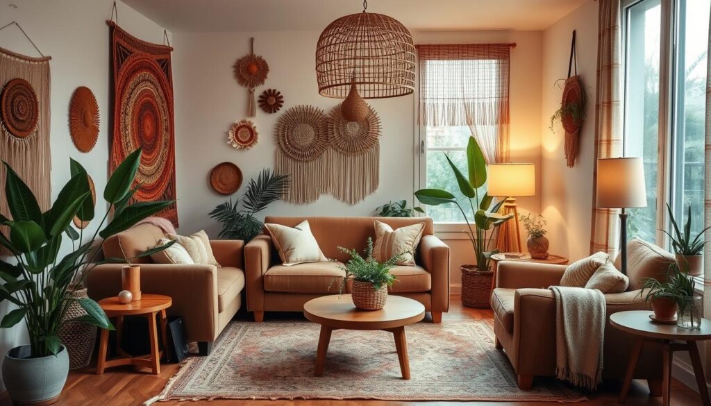 A cozy and inviting boho-inspired small living room with a plush, earthy-toned sofa and armchair arrangement. Eclectic wall decor, including woven tapestries and macrame pieces, creates a warm, textured ambiance. Wooden side tables and a low, minimalist coffee table complement the natural aesthetic. Soft lighting from a rattan pendant lamp and a mix of floor and table lamps casts a gentle glow throughout the space. Large windows allow ample natural light to filter in, highlighting the room's lush, potted plants and natural fibers. The overall layout promotes a sense of relaxation and effortless, laid-back charm. A cozy and inviting boho-inspired small living room with a plush, earthy-toned sofa and armchair arrangement. Eclectic wall decor, including woven tapestries and macrame pieces, creates a warm, textured ambiance. Wooden side tables and a low, minimalist coffee table complement the natural aesthetic. Soft lighting from a rattan pendant lamp and a mix of floor and table lamps casts a gentle glow throughout the space. Large windows allow ample natural light to filter in, highlighting the room's lush, potted plants and natural fibers. The overall layout promotes a sense of relaxation and effortless, laid-back charm.