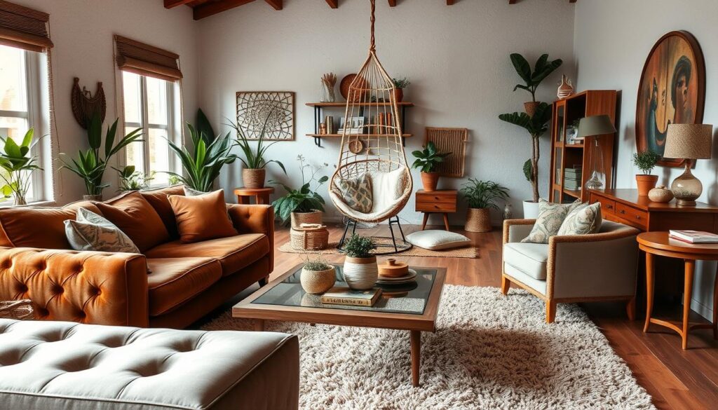 A cozy and inviting boho living room filled with an eclectic mix of furniture pieces. In the foreground, a plush, oversized velvet sofa with tufted detailing and throw pillows in earthy tones. Nearby, a low wooden coffee table with a glass top, decorated with woven baskets and potted plants. In the middle ground, a vintage-inspired armchair with a rattan frame and plush cushions, paired with a woven macrame hanging chair suspended from the ceiling. The background features a mix of natural textures, including a rattan side table, a wooden bookshelf filled with plants and decorative items, and a large, shaggy area rug in warm neutrals. Soft, diffused lighting creates a relaxed and inviting atmosphere, while large windows allow natural light to flood the space.