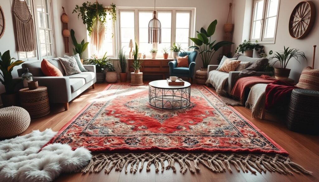 A cozy and inviting boho-style living room with layers of plush, textured rugs in earthy tones. The main rug is a large, vibrant vintage-inspired piece that anchors the space, with smaller accent rugs of various patterns and materials creating a visually interesting and cohesive look. Soft, natural lighting filters in through large windows, casting a warm, soothing glow over the room. Lush potted plants, macrame wall hangings, and an eclectic mix of cushions and throws add to the relaxed, bohemian ambiance. The space exudes a sense of comfort and creativity, perfectly suited for the "Textiles to Enhance Boho Vibes" section of the article.