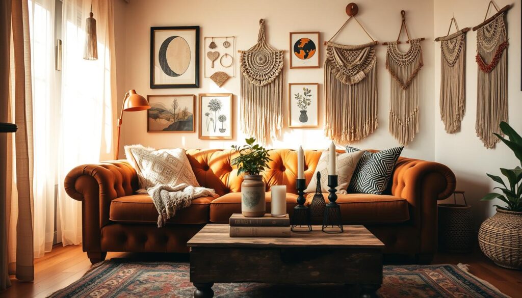 A cozy and inviting boho-style small living room, bathed in warm, natural light filtering through sheer curtains. The foreground features a plush, tufted velvet sofa adorned with patterned throw pillows and a knitted blanket. In the middle ground, a rustic wooden coffee table is topped with a collection of eclectic decor items, including a potted plant, candles, and a stack of vintage books. The background showcases a wall gallery of framed boho-inspired artwork and macrame wall hangings, creating a visually captivating and personalized space. The overall mood is one of relaxation and artistic flair, capturing the essence of a boho-chic small living room. A cozy and inviting boho-style small living room, bathed in warm, natural light filtering through sheer curtains. The foreground features a plush, tufted velvet sofa adorned with patterned throw pillows and a knitted blanket. In the middle ground, a rustic wooden coffee table is topped with a collection of eclectic decor items, including a potted plant, candles, and a stack of vintage books. The background showcases a wall gallery of framed boho-inspired artwork and macrame wall hangings, creating a visually captivating and personalized space. The overall mood is one of relaxation and artistic flair, capturing the essence of a boho-chic small living room.