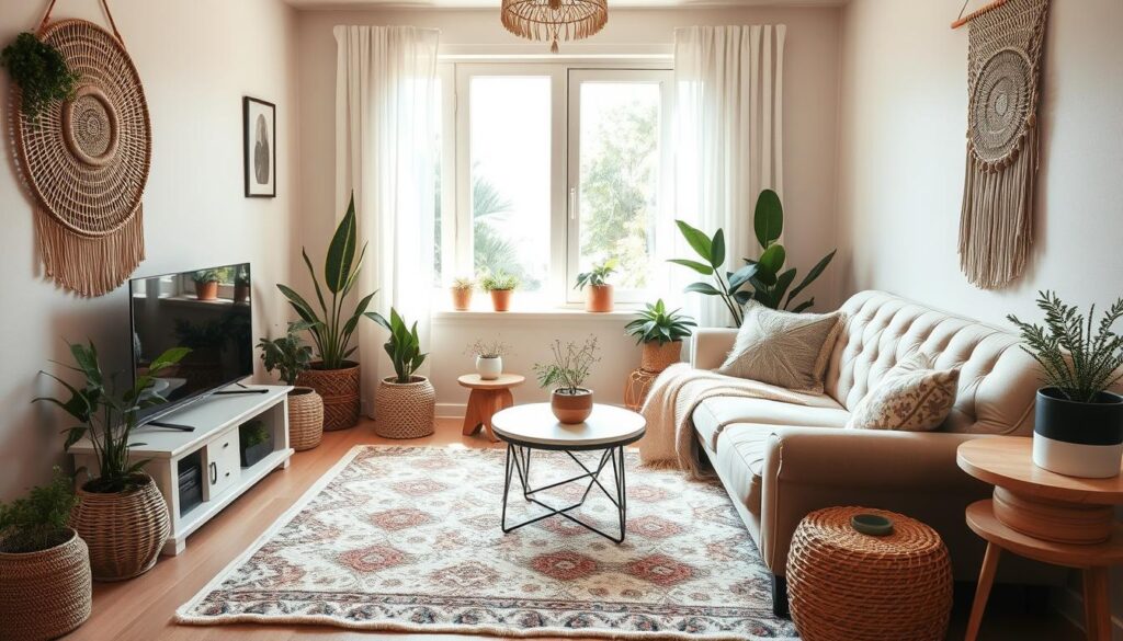 A cozy and inviting boho-style small living room, bathed in warm, natural lighting from a large window. The space features a plush, patterned area rug, a vintage-inspired tufted sofa, and an eclectic mix of rattan, macrame, and wood accent pieces. Potted plants and earth-toned textiles add to the relaxed, earthy ambiance. A mix of textures, from the shaggy throw pillow to the woven wall hanging, creates visual interest. The room has a balanced, harmonious layout that maximizes the limited square footage through clever, budget-friendly decor choices. A cozy and inviting boho-style small living room, bathed in warm, natural lighting from a large window. The space features a plush, patterned area rug, a vintage-inspired tufted sofa, and an eclectic mix of rattan, macrame, and wood accent pieces. Potted plants and earth-toned textiles add to the relaxed, earthy ambiance. A mix of textures, from the shaggy throw pillow to the woven wall hanging, creates visual interest. The room has a balanced, harmonious layout that maximizes the limited square footage through clever, budget-friendly decor choices.