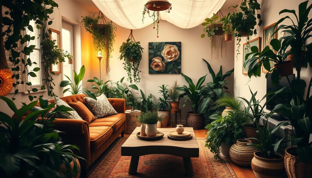 A cozy and inviting boho-style small living room, filled with an abundance of lush, verdant plants that lend a serene and natural ambiance. The space is bathed in warm, soft lighting, creating a soothing and tranquil atmosphere. Eclectic, vintage-inspired furnishings, such as a plush velvet sofa and a wooden coffee table, provide a stylish and comfortable seating area. Trailing vines and potted plants of various sizes and textures are strategically placed throughout the room, adding depth and a sense of organic harmony. The overall composition exudes a harmonious blend of earthy tones, natural textures, and a touch of bohemian flair, making this small living space a serene and inviting oasis. A cozy and inviting boho-style small living room, filled with an abundance of lush, verdant plants that lend a serene and natural ambiance. The space is bathed in warm, soft lighting, creating a soothing and tranquil atmosphere. Eclectic, vintage-inspired furnishings, such as a plush velvet sofa and a wooden coffee table, provide a stylish and comfortable seating area. Trailing vines and potted plants of various sizes and textures are strategically placed throughout the room, adding depth and a sense of organic harmony. The overall composition exudes a harmonious blend of earthy tones, natural textures, and a touch of bohemian flair, making this small living space a serene and inviting oasis.