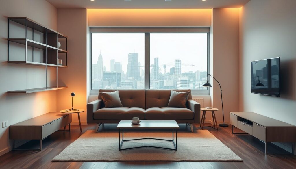 A cozy and inviting compact living room with a modern sofa bed taking center stage. The room is bathed in warm, diffused lighting, creating a welcoming ambiance. The sofa bed is flanked by minimalist side tables and a small coffee table, all in a harmonious color scheme. In the background, a large window lets in natural light, showcasing a city skyline. Streamlined shelves and a sleek TV stand occupy the side walls, maximizing the available space. The overall layout emphasizes functionality and flexibility, perfect for small-space living. A cozy and inviting compact living room with a modern sofa bed taking center stage. The room is bathed in warm, diffused lighting, creating a welcoming ambiance. The sofa bed is flanked by minimalist side tables and a small coffee table, all in a harmonious color scheme. In the background, a large window lets in natural light, showcasing a city skyline. Streamlined shelves and a sleek TV stand occupy the side walls, maximizing the available space. The overall layout emphasizes functionality and flexibility, perfect for small-space living.