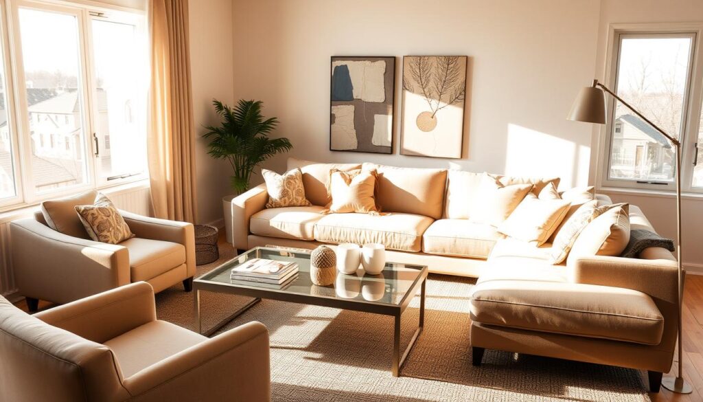A cozy and inviting contemporary living room with plush, L-shaped sectional sofa in a neutral tone, accented by a pair of comfortable armchairs and a stylish coffee table with a glass top. The room is bathed in warm, natural lighting from large windows, creating a relaxing ambiance. Minimalist decor elements, such as decorative throw pillows and a sleek, modern floor lamp, add visual interest. The arrangement encourages conversation and casual gatherings, reflecting a functional and comfortable seating setup. A cozy and inviting contemporary living room with plush, L-shaped sectional sofa in a neutral tone, accented by a pair of comfortable armchairs and a stylish coffee table with a glass top. The room is bathed in warm, natural lighting from large windows, creating a relaxing ambiance. Minimalist decor elements, such as decorative throw pillows and a sleek, modern floor lamp, add visual interest. The arrangement encourages conversation and casual gatherings, reflecting a functional and comfortable seating setup.