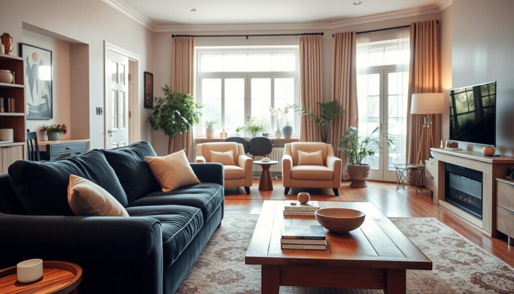 A cozy and inviting family living room, bathed in warm, soft lighting. In the foreground, a plush black sofa stands as the centerpiece, its elegant lines and luxurious fabric inviting relaxation. Nearby, a wooden coffee table holds a decorative bowl and a few stacked books, hinting at moments of quiet contemplation. The middle ground features a pair of matching armchairs, upholstered in a complementary neutral tone, creating a intimate conversation area. In the background, a large window allows natural light to filter in, casting a gentle glow and highlighting the room's rich textures and earthy tones. Potted plants and a few carefully curated decorative accents add to the space's welcoming ambiance, creating a space that is both stylish and comfortable. A cozy and inviting family living room, bathed in warm, soft lighting. In the foreground, a plush black sofa stands as the centerpiece, its elegant lines and luxurious fabric inviting relaxation. Nearby, a wooden coffee table holds a decorative bowl and a few stacked books, hinting at moments of quiet contemplation. The middle ground features a pair of matching armchairs, upholstered in a complementary neutral tone, creating a intimate conversation area. In the background, a large window allows natural light to filter in, casting a gentle glow and highlighting the room's rich textures and earthy tones. Potted plants and a few carefully curated decorative accents add to the space's welcoming ambiance, creating a space that is both stylish and comfortable.