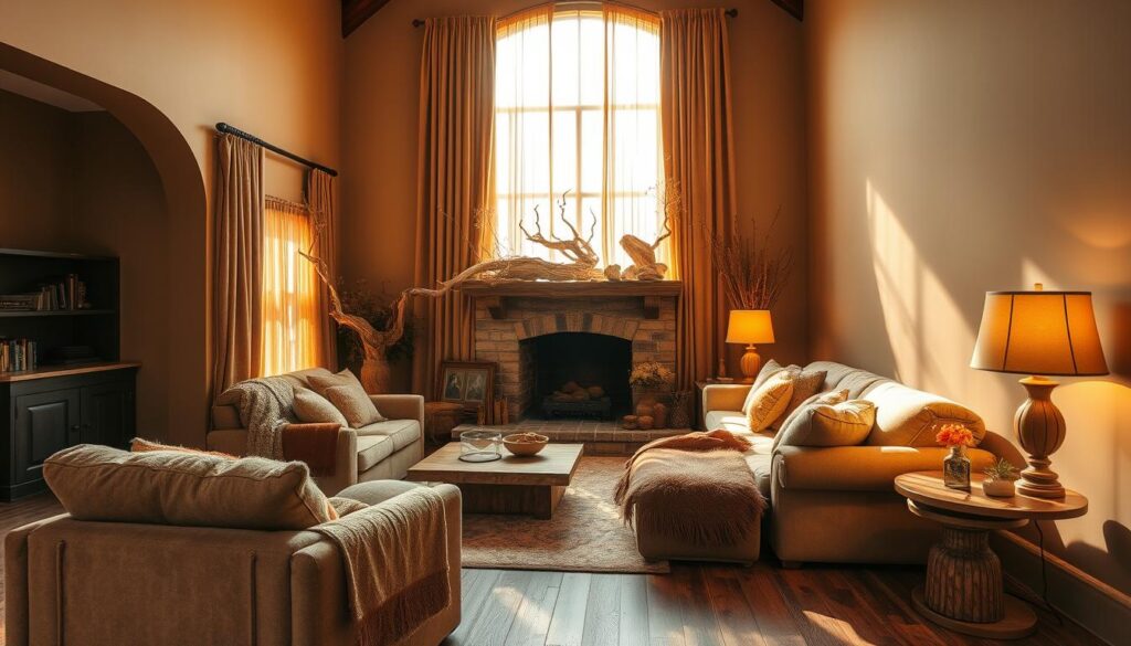 A cozy and inviting living room bathed in warm, earthy tones. Soft, plush furniture in rich browns and ochres, complemented by textured throws and pillows. A large, ornate fireplace with a mantel adorned with natural elements like driftwood and dried flowers casts a gentle glow across the space. Sunlight filters through sheer curtains, casting a golden hue over the room. The walls are painted in a deep, muted shade of beige, creating a serene and calming atmosphere. Wooden floors with a rustic finish add to the overall organic feel of the space, while strategically placed lamps provide a cozy, ambient lighting. The overall effect is a harmonious and comforting living environment that embraces the natural world.