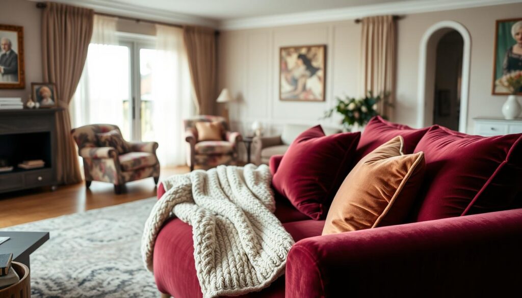A cozy and inviting living room showcases an array of luxurious textiles and fabrics. In the foreground, a plush velvet sofa in a rich burgundy hue takes center stage, complemented by velvety throw pillows in complementary tones. Draped over the sofa, a soft, chunky knit blanket adds a layer of warmth and texture. In the middle ground, a pair of armchairs upholstered in a elegant floral pattern create a visually striking contrast. The background features a large window, allowing natural light to pour in and illuminate the room's soft, muted color palette. Sheer curtains in a flowing, airy fabric frame the window, adding a touch of elegance. The overall scene evokes a sense of comfort, sophistication, and a harmonious blend of textiles that enhance the living room's aesthetic appeal. A cozy and inviting living room showcases an array of luxurious textiles and fabrics. In the foreground, a plush velvet sofa in a rich burgundy hue takes center stage, complemented by velvety throw pillows in complementary tones. Draped over the sofa, a soft, chunky knit blanket adds a layer of warmth and texture. In the middle ground, a pair of armchairs upholstered in a elegant floral pattern create a visually striking contrast. The background features a large window, allowing natural light to pour in and illuminate the room's soft, muted color palette. Sheer curtains in a flowing, airy fabric frame the window, adding a touch of elegance. The overall scene evokes a sense of comfort, sophistication, and a harmonious blend of textiles that enhance the living room's aesthetic appeal.