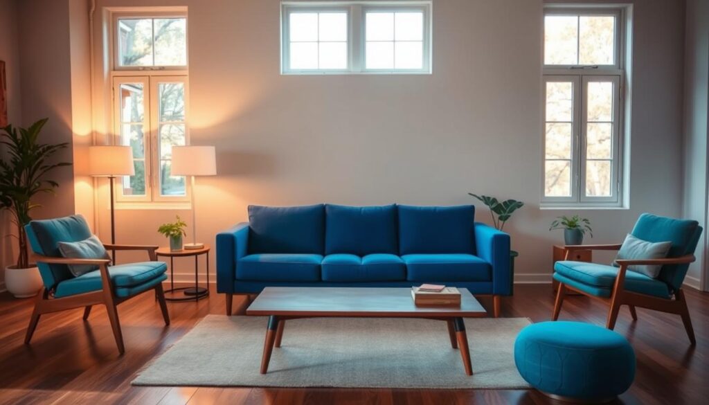 A cozy and inviting living room with a bold blue couch as the focal point. The couch is placed in the center of the frame, its plush cushions and sleek lines drawing the eye. Surrounding the couch, a mix of natural textures and warm lighting create a serene and harmonious atmosphere. Wooden floors, a mid-century modern coffee table, and a pair of accent chairs in complementary hues add depth and character to the space. Soft, diffused lighting from a floor lamp and large windows bathe the room in a gentle, ethereal glow, highlighting the vibrant blue of the couch and the overall sense of tranquility. The background features a neutral wall color, allowing the blue couch to truly shine as the centerpiece of the room. A cozy and inviting living room with a bold blue couch as the focal point. The couch is placed in the center of the frame, its plush cushions and sleek lines drawing the eye. Surrounding the couch, a mix of natural textures and warm lighting create a serene and harmonious atmosphere. Wooden floors, a mid-century modern coffee table, and a pair of accent chairs in complementary hues add depth and character to the space. Soft, diffused lighting from a floor lamp and large windows bathe the room in a gentle, ethereal glow, highlighting the vibrant blue of the couch and the overall sense of tranquility. The background features a neutral wall color, allowing the blue couch to truly shine as the centerpiece of the room.