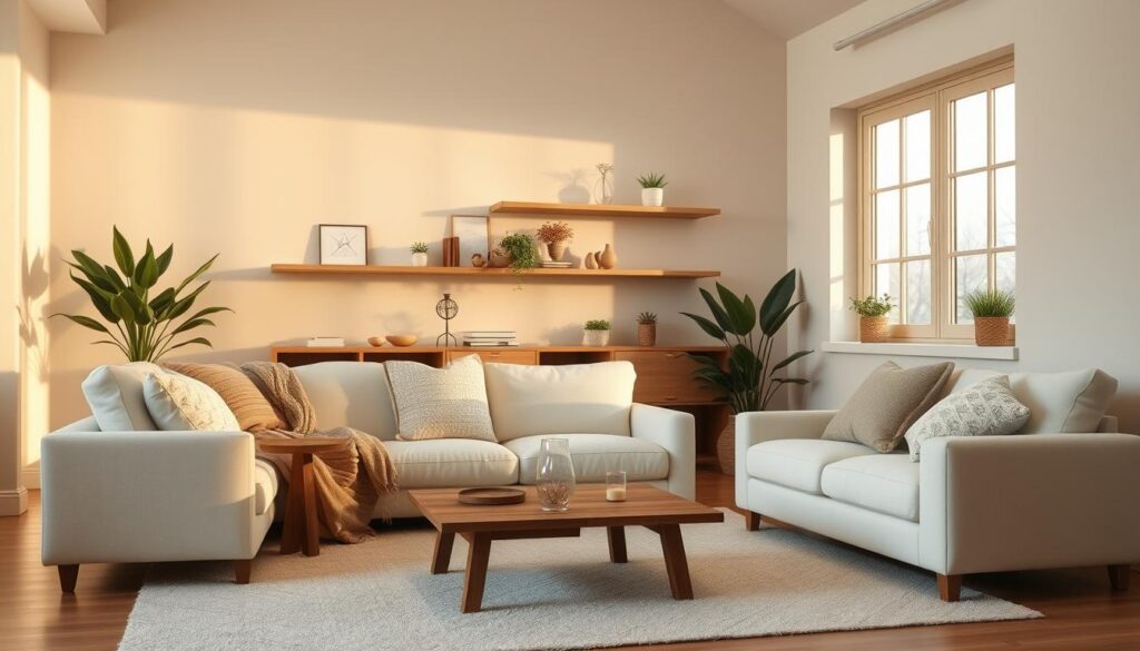 A cozy and inviting living room with a neutral color palette and natural textures. In the foreground, a plush, off-white sofa with soft throw pillows. On the wall, a minimalist, natural wood shelving unit displaying decorative objects and plants. In the middle ground, a low, wooden coffee table with a simple, glass vase and candle. The room is bathed in warm, diffused lighting from a large window, casting a soft glow throughout the space. The overall atmosphere is calming and serene, creating a comfortable and relaxing environment. A cozy and inviting living room with a neutral color palette and natural textures. In the foreground, a plush, off-white sofa with soft throw pillows. On the wall, a minimalist, natural wood shelving unit displaying decorative objects and plants. In the middle ground, a low, wooden coffee table with a simple, glass vase and candle. The room is bathed in warm, diffused lighting from a large window, casting a soft glow throughout the space. The overall atmosphere is calming and serene, creating a comfortable and relaxing environment.