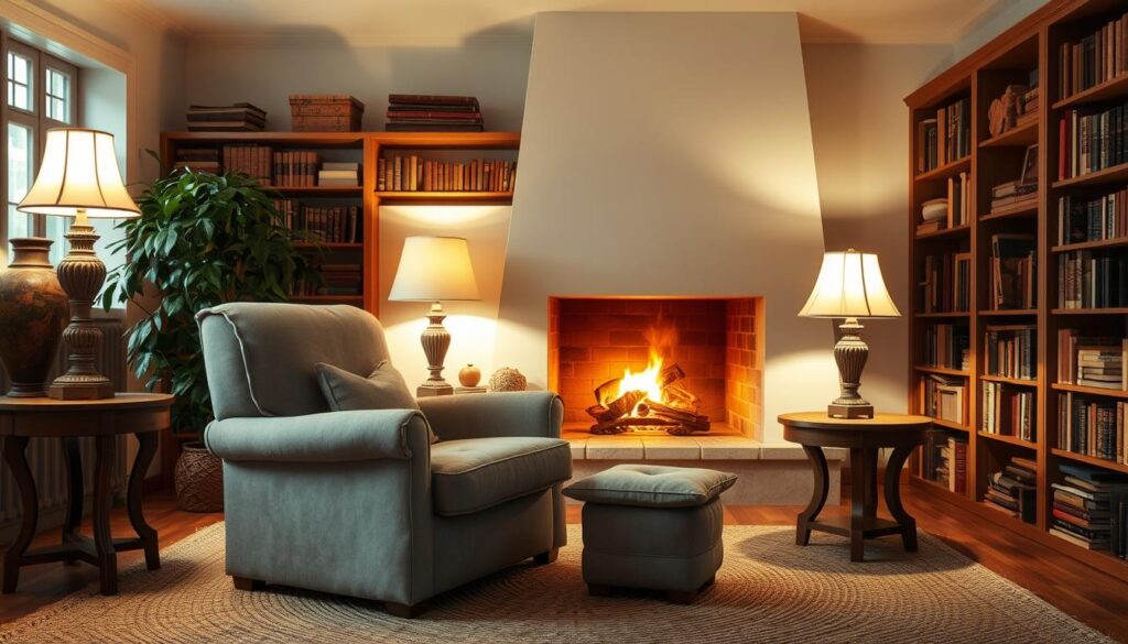 A cozy and inviting living room with a plush, oversized armchair and a warm, crackling fireplace in the background. Soft, diffused lighting from a pair of antique lamps creates a gentle, intimate atmosphere. The room is adorned with earthy, neutral tones and natural textures, such as a woven area rug, wooden end tables, and a lush, leafy potted plant in the corner. Bookshelves line the walls, filled with well-worn volumes, adding to the sense of comfort and intellectual curiosity. The overall mood is one of relaxation, reflection, and simple pleasures. A cozy and inviting living room with a plush, oversized armchair and a warm, crackling fireplace in the background. Soft, diffused lighting from a pair of antique lamps creates a gentle, intimate atmosphere. The room is adorned with earthy, neutral tones and natural textures, such as a woven area rug, wooden end tables, and a lush, leafy potted plant in the corner. Bookshelves line the walls, filled with well-worn volumes, adding to the sense of comfort and intellectual curiosity. The overall mood is one of relaxation, reflection, and simple pleasures.