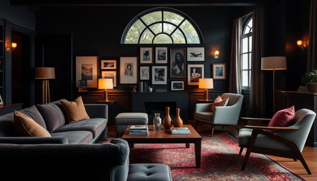 A cozy and inviting living space with a mix of dark and bright tones. The foreground features a plush, velvet sofa in a rich, jewel-toned hue, complemented by a pair of mid-century modern armchairs in a contrasting light fabric. The middle ground showcases a low, wooden coffee table with a sleek, minimalist design, topped with a small selection of artful books and a sculptural vase. In the background, a large, arched window allows natural light to filter in, casting a warm glow on the space and illuminating a gallery wall of framed art and photographs. Soft, indirect lighting from floor lamps and sconces creates a moody, intimate atmosphere, while pops of vibrant color in the form of throw pillows and a statement rug add depth and visual interest to the room. A cozy and inviting living space with a mix of dark and bright tones. The foreground features a plush, velvet sofa in a rich, jewel-toned hue, complemented by a pair of mid-century modern armchairs in a contrasting light fabric. The middle ground showcases a low, wooden coffee table with a sleek, minimalist design, topped with a small selection of artful books and a sculptural vase. In the background, a large, arched window allows natural light to filter in, casting a warm glow on the space and illuminating a gallery wall of framed art and photographs. Soft, indirect lighting from floor lamps and sconces creates a moody, intimate atmosphere, while pops of vibrant color in the form of throw pillows and a statement rug add depth and visual interest to the room.