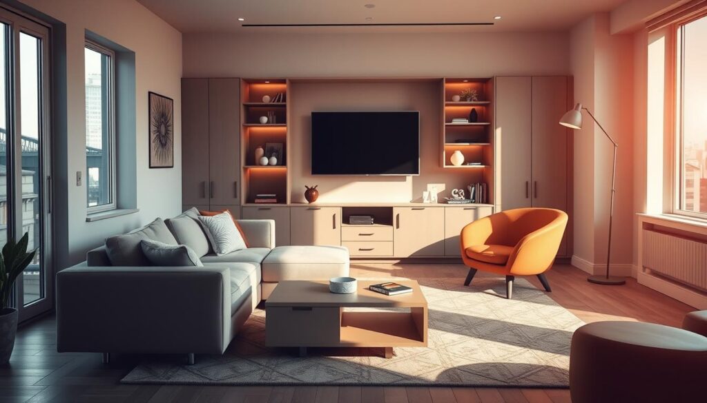 A cozy and inviting modern small living room, bathed in warm, natural lighting that filters through large windows. In the foreground, a minimalist, L-shaped sectional sofa in a neutral tone, complemented by a sleek, multi-functional coffee table that doubles as a storage unit. Midground features a compact, swivel armchair in a complementary accent color, positioned to create a intimate conversation area. The background showcases a wall-mounted TV unit with built-in shelving, providing ample storage and display space for decor and media. Subtle, ambient lighting emanates from discreet sources, creating a calming and harmonious atmosphere. The overall design strikes a balance between functionality and style, perfectly suited for a small-scale living space. A cozy and inviting modern small living room, bathed in warm, natural lighting that filters through large windows. In the foreground, a minimalist, L-shaped sectional sofa in a neutral tone, complemented by a sleek, multi-functional coffee table that doubles as a storage unit. Midground features a compact, swivel armchair in a complementary accent color, positioned to create a intimate conversation area. The background showcases a wall-mounted TV unit with built-in shelving, providing ample storage and display space for decor and media. Subtle, ambient lighting emanates from discreet sources, creating a calming and harmonious atmosphere. The overall design strikes a balance between functionality and style, perfectly suited for a small-scale living space.