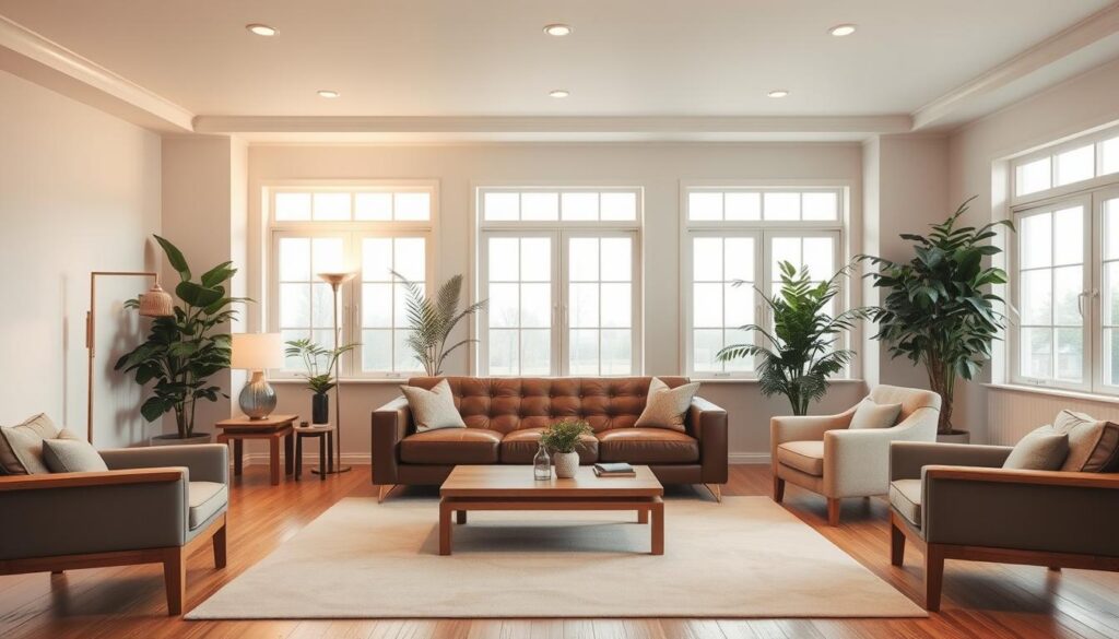 A cozy and inviting neutral living room with a warm, earthy palette. In the foreground, a plush brown leather sofa takes center stage, its tufted design and clean lines adding a touch of sophistication. Arranged around it, natural wood end tables and a low, minimalist coffee table create a harmonious flow. The middle ground features a large, neutral-colored area rug, its subtle pattern grounding the space. Tall, lush potted plants in the corners and a pair of neutral-toned armchairs complete the scene, radiating a sense of relaxation. Soft, diffused lighting from a floor lamp and recessed ceiling fixtures create a calming, ambient glow, while large windows allow natural light to flood the room, lending an airy, open feel. The overall atmosphere is one of understated elegance and soothing tranquility.