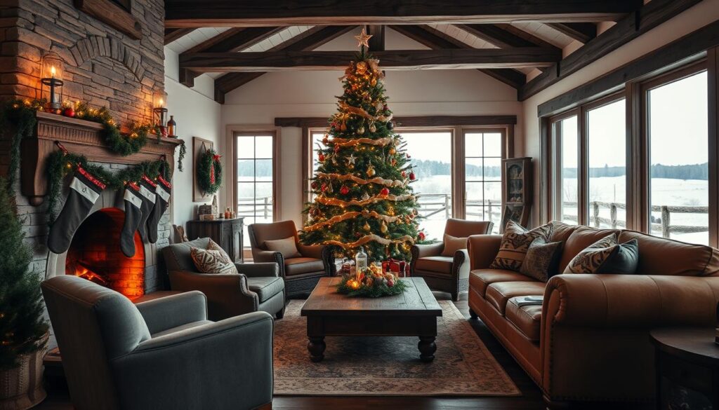 A cozy and inviting rustic farmhouse Christmas living room with a warm, festive atmosphere. In the foreground, a large stone fireplace with a crackling fire, adorned with garlands, stockings, and twinkling lights. Plush, overstuffed armchairs and a worn leather sofa surround a distressed wooden coffee table, creating a welcoming seating area. In the middle ground, a majestic Christmas tree stands tall, adorned with vintage ornaments and twinkling lights, casting a soft glow throughout the room. The background features exposed wooden beams, whitewashed walls, and a large window overlooking a snowy, rural landscape. The overall lighting is a mix of warm, ambient lighting and natural daylight filtering through the window, creating a charming and cozy atmosphere. A cozy and inviting rustic farmhouse Christmas living room with a warm, festive atmosphere. In the foreground, a large stone fireplace with a crackling fire, adorned with garlands, stockings, and twinkling lights. Plush, overstuffed armchairs and a worn leather sofa surround a distressed wooden coffee table, creating a welcoming seating area. In the middle ground, a majestic Christmas tree stands tall, adorned with vintage ornaments and twinkling lights, casting a soft glow throughout the room. The background features exposed wooden beams, whitewashed walls, and a large window overlooking a snowy, rural landscape. The overall lighting is a mix of warm, ambient lighting and natural daylight filtering through the window, creating a charming and cozy atmosphere.