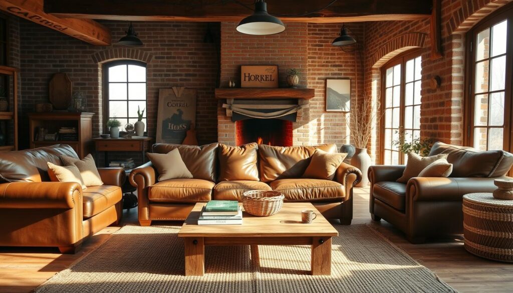 A cozy and inviting rustic living room with a warm and earthy color palette. A large, plush brown leather sofa sits prominently in the foreground, surrounded by natural wood accents and rustic industrial-style lighting fixtures. In the middle ground, a wooden coffee table is topped with a woven basket and a stack of vintage books. The background features exposed brick walls, complemented by natural fiber area rugs and a crackling fireplace that casts a gentle glow. Sunlight streams in through large windows, creating a soft, ambient lighting that enhances the room's charming, lived-in aesthetic. The overall atmosphere is one of relaxed sophistication and timeless, farmhouse-inspired elegance.