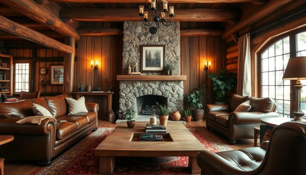 A cozy and inviting rustic living room with warm, natural tones and textures. In the foreground, a plush leather sofa and armchair sit atop a vintage Persian rug. A large, distressed wooden coffee table is the central focus, surrounded by potted plants and a stack of well-worn books. The middle ground features a stone fireplace with a mantel adorned with candles and framed artwork. Soft, diffused lighting from wall sconces and a hanging chandelier creates a tranquil ambiance. In the background, exposed wooden beams and paneled walls lend an authentic, cabin-like feel. The overall mood is one of relaxation and timeless, earthy elegance. A cozy and inviting rustic living room with warm, natural tones and textures. In the foreground, a plush leather sofa and armchair sit atop a vintage Persian rug. A large, distressed wooden coffee table is the central focus, surrounded by potted plants and a stack of well-worn books. The middle ground features a stone fireplace with a mantel adorned with candles and framed artwork. Soft, diffused lighting from wall sconces and a hanging chandelier creates a tranquil ambiance. In the background, exposed wooden beams and paneled walls lend an authentic, cabin-like feel. The overall mood is one of relaxation and timeless, earthy elegance.