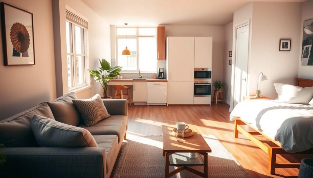 A cozy and inviting small apartment interior, bathed in warm, natural lighting from large windows. In the foreground, a neatly arranged living room with a plush gray sofa, complemented by minimalist wooden and glass furniture pieces. Pops of greenery and textured throw pillows add depth and visual interest. The middle ground showcases an open-concept kitchen with sleek, light-colored cabinetry and stainless steel appliances. In the background, a serene bedroom with a low-profile bed frame, soft white bedding, and a few carefully curated wall decor elements. The overall atmosphere evokes a sense of harmony, functionality, and intentional design within a compact living space. A cozy and inviting small apartment interior, bathed in warm, natural lighting from large windows. In the foreground, a neatly arranged living room with a plush gray sofa, complemented by minimalist wooden and glass furniture pieces. Pops of greenery and textured throw pillows add depth and visual interest. The middle ground showcases an open-concept kitchen with sleek, light-colored cabinetry and stainless steel appliances. In the background, a serene bedroom with a low-profile bed frame, soft white bedding, and a few carefully curated wall decor elements. The overall atmosphere evokes a sense of harmony, functionality, and intentional design within a compact living space.