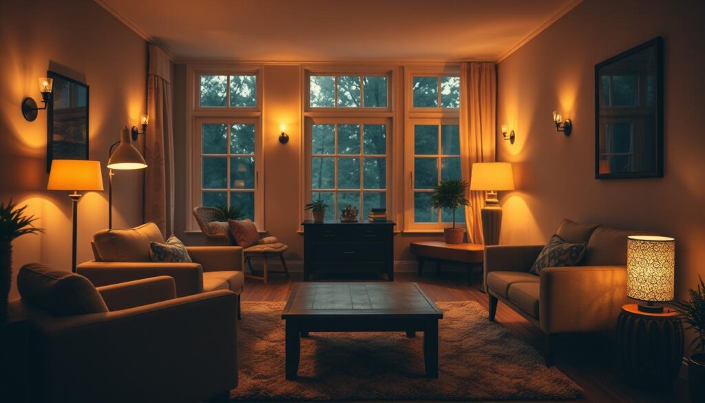 A cozy and inviting small living room, bathed in a warm, ambient glow. A pair of comfy armchairs sit in the foreground, with a low, wooden coffee table between them. In the middle ground, a plush area rug grounds the space, while a series of floor lamps and wall sconces cast a soft, golden light throughout the room. In the background, large windows allow natural light to filter in, creating a harmonious blend of artificial and natural illumination. The overall atmosphere is one of relaxation and comfort, perfect for unwinding at the end of the day. A cozy and inviting small living room, bathed in a warm, ambient glow. A pair of comfy armchairs sit in the foreground, with a low, wooden coffee table between them. In the middle ground, a plush area rug grounds the space, while a series of floor lamps and wall sconces cast a soft, golden light throughout the room. In the background, large windows allow natural light to filter in, creating a harmonious blend of artificial and natural illumination. The overall atmosphere is one of relaxation and comfort, perfect for unwinding at the end of the day.
